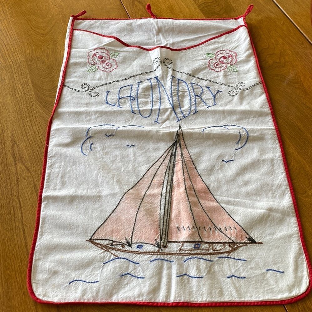 VINTAGE Nautical Embroidered Garment Bag with Sailboat Design